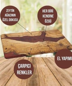 dikdortgen ahsap epoksi sarap sunum tahtasi kirmizi renk
