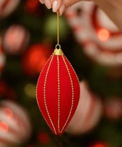 Altın Boncuk Şeritli Damla Dekoratif Süs Kırmızı 8 cm ( 1 Adet )