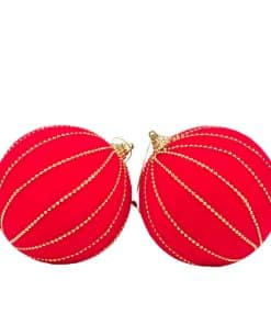 Altın Boncuk Detaylı Çam Ağacı Süsü Kırmızı 10 cm ( 1 Adet ) 12 kadife yilbasi topu altin boncuk seritli kirmizi yilbasi susu yuvarlak 2