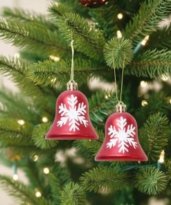 Çan Figürlü Kırmızı-Beyaz Kar Tanesi Desenli Yılbaşı Ağaç Süsü 7 CM (2 Adet)