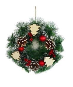 Yılbaşı Kapı Süsü Çam Ağacı Figürlü Karlı Naturel Dekoratif Çelenk 25 cm